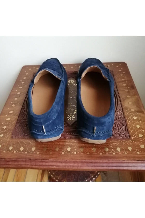 Uniseks Hakiki Deri Süet Lacivert El Örgü Düz Kombin Biye Bağcık Süs Kauçuk Geçme Taban Loafer - 4
