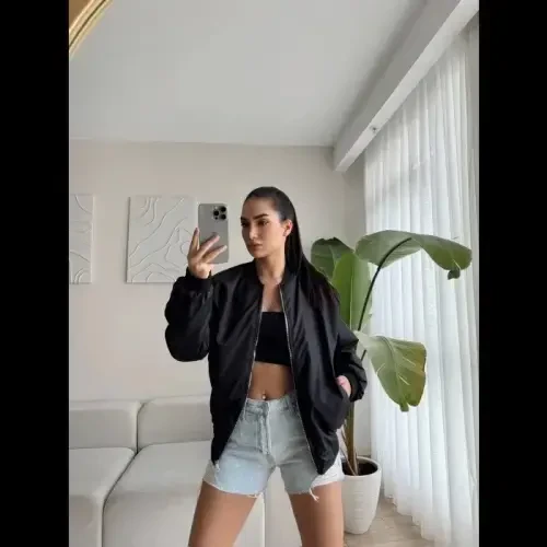 Uniseks ichki astarli tekis bomber kurtka - Qora - 1