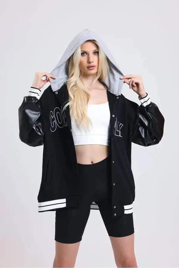 Унисекс куртка в стиле колледжа с кожаными рукавами oversize - 2
