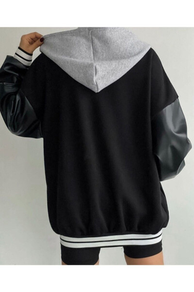 Унисекс куртка в стиле колледжа с кожаными рукавами oversize - 7