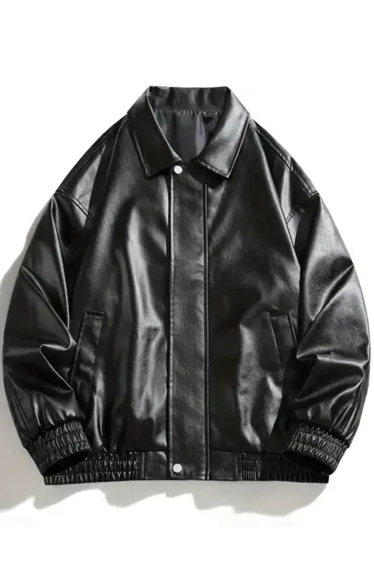 Унисекс Новая Коллекция Oversize Кожаная Куртка-ЧЕРНЫЙ USE - 3