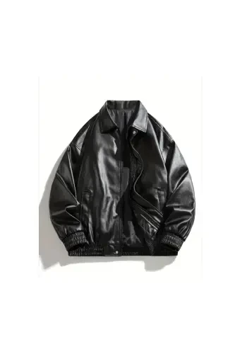 Унисекс Новая Коллекция Oversize Кожаная Куртка-ЧЕРНЫЙ USE - 4