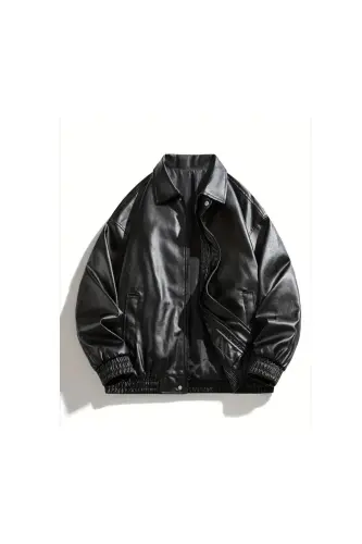 Унисекс Новая Коллекция Oversize Кожаная Куртка-ЧЕРНЫЙ USE - 4