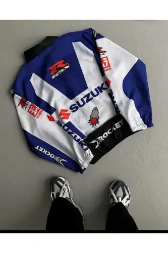 Унисекс Парашютная Ткань Oversize С Принтом Черная Ветровка Дождевик-синий - 3