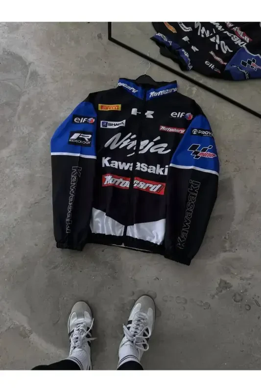 Унисекс Парашютная Ткань Oversize С Принтом Черная Ветровка Дождевик Тонкая Куртка-Синий/Черный - LUSHEN