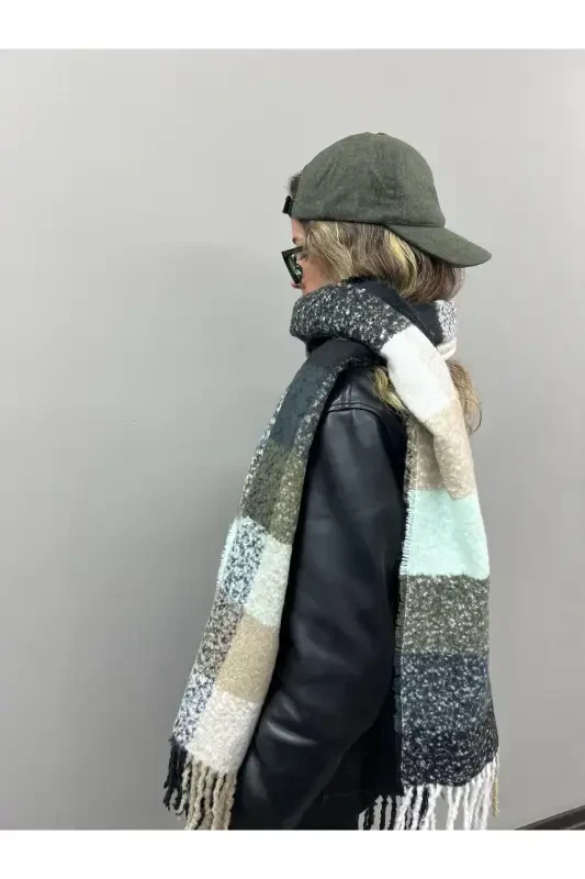 Унисекс Премиум Мягкий Буклет Шарф-Хаки Мята - 7