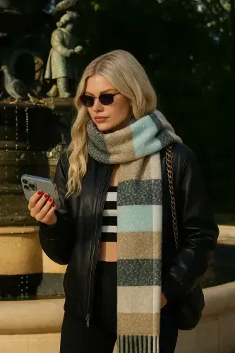 Унисекс Премиум Мягкий Буклет Шарф-Хаки Мята - 8