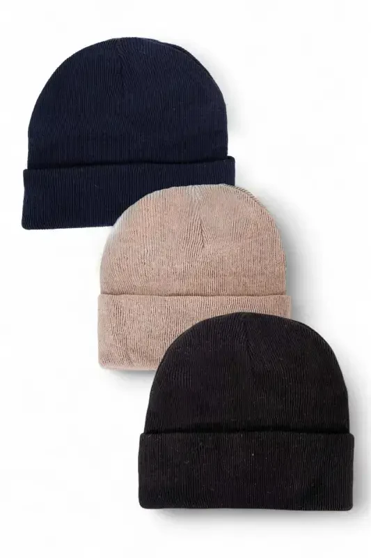 Унисекс Складной Черный Камень Темно-синий Комплект из 3 шапок-черный - EKE TEKSTIL