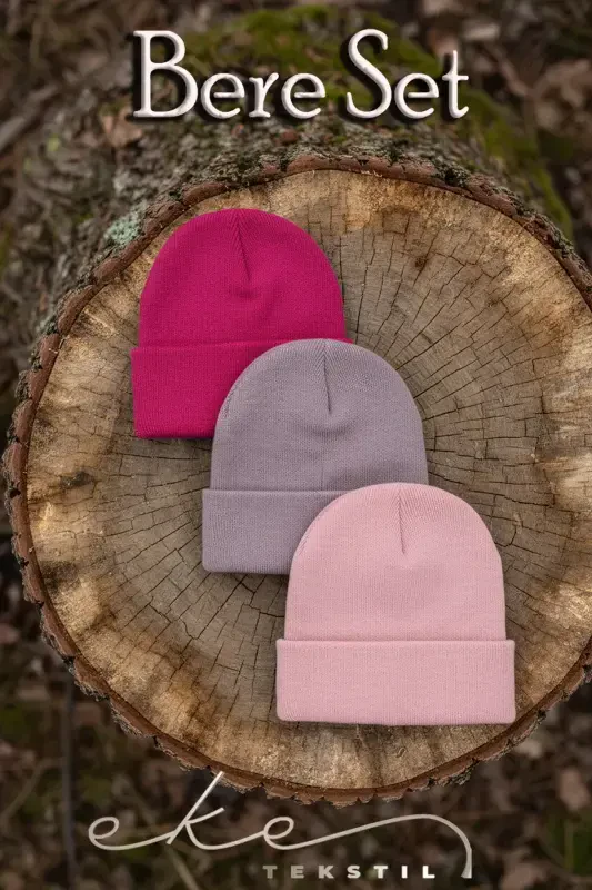 Унисекс Складной Фуксия, лиловый, розовый 3-х предметный Набор Шапок - Фуксия - EKE TEKSTIL