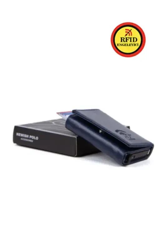 Унисекс темно-синий веганский кожаный картхолдер-кошелек с полозьями Алюминиевый автоматический кошелек с механизмом-ТЕМНО-СИНИЙ - NEWISH