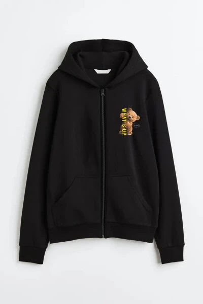 Унисекс толстовка с капюшоном на молнии с принтом плюшевого медведя в черном цвете, дизайн «What's Up» - Modazone (1)