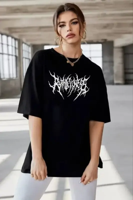 Унисекс Велосипедная Горловина С Принтом Oversize Футболка - Черный - BÜYÜKBEDENIZ