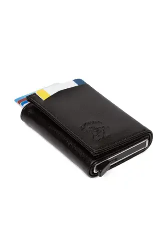 Унисексчерный веганский кожаный картхолдер на салазках, автоматический кошелек с алюминиевым механизмом - темно-черный - 3