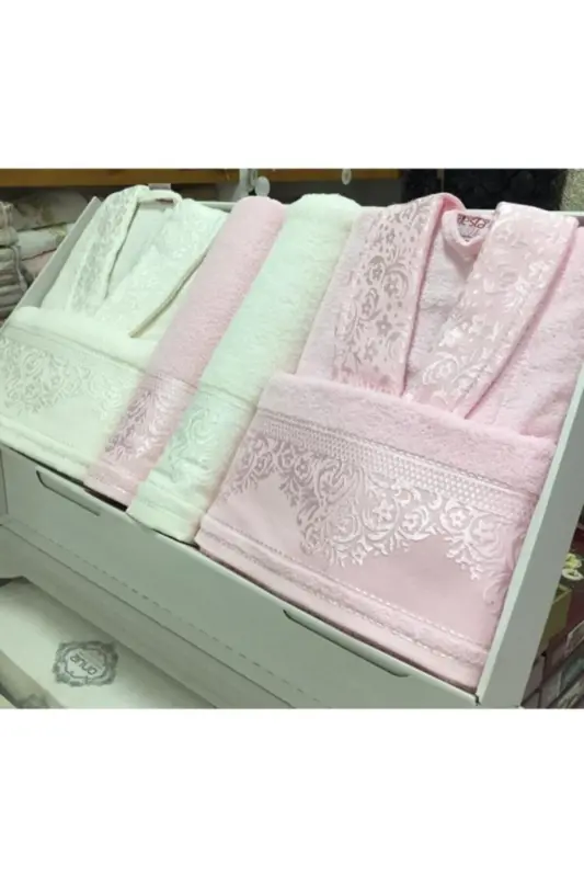 Unisex 100% Cotton Family Bathrobe Set-Cream - 1