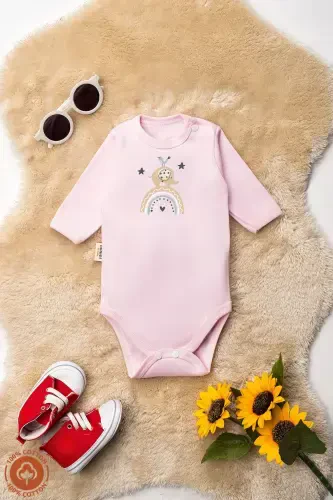 Unisex %100 Organic Cotton Elephant Print 0-12 Months 3-Pack Long Sleeve Baby Bodysuit Set-Pink - MINIEL ORGANIC (1)