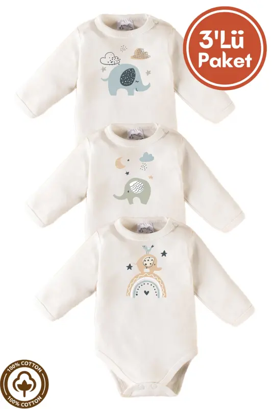 Unisex %100 Organic Cotton Elephant Print 3-6-9-12 Months 3-Pack Long Sleeve Baby Bodysuit-ECRU - 10