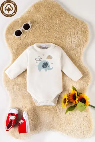 Unisex %100 Organic Cotton Elephant Print 3-6-9-12 Months 3-Pack Long Sleeve Baby Bodysuit-ECRU - 11