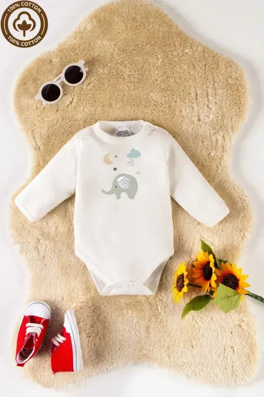 Unisex %100 Organic Cotton Elephant Print 3-6-9-12 Months 3-Pack Long Sleeve Baby Bodysuit-ECRU - 6