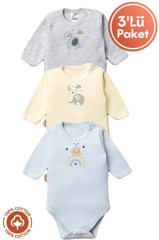 Unisex %100 Organik Pamuklu Fil Baskılı 0-12 Ay 3Lü Uzun Kollu Bebek Body Zıbın Set - Mavi - 1