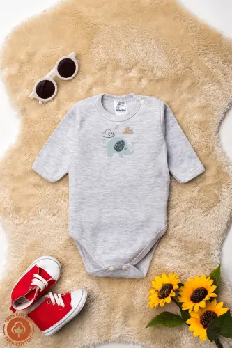 Unisex %100 Organik Pamuklu Fil Baskılı 0-12 Ay 3Lü Uzun Kollu Bebek Body Zıbın Set - Mavi - 2