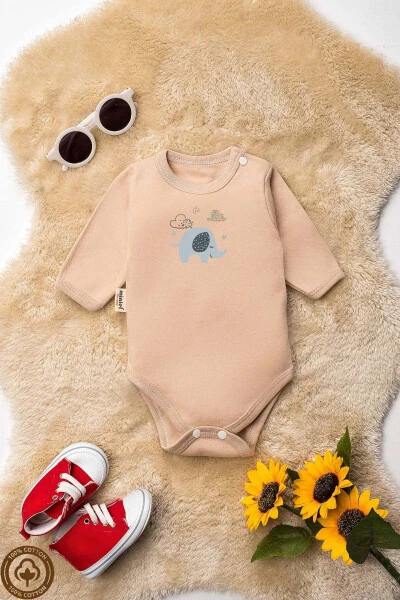 Unisex %100 Organik Pamuklu Fil Baskılı 3-6-9-12 Ay 3Lü Uzun Kollu Bebek Body Zıbın-RENKLİ - Modazone (1)