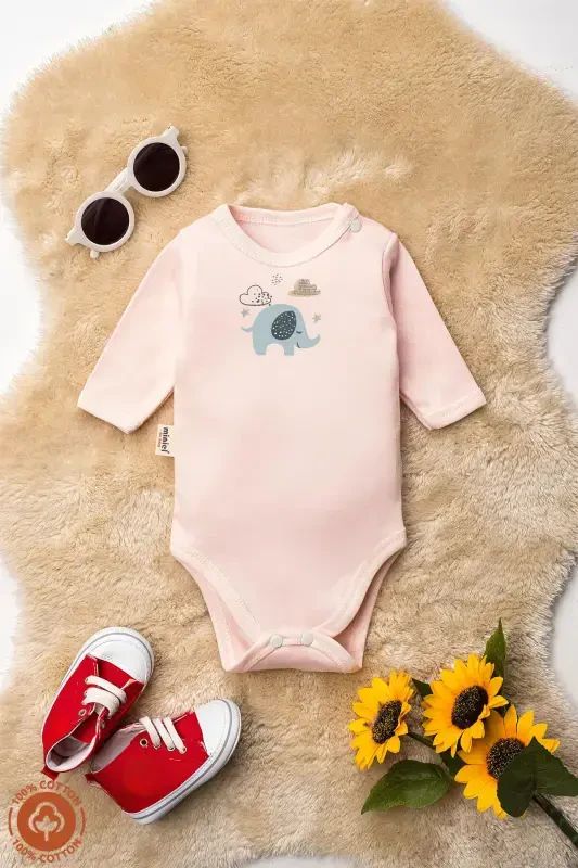 Unisex %100 Organik Paxta Fil Bosmali 0-12 Oy 3 Ta Uzun Yengli Chaqaloq Bodisi Zıbın To'plami-Pushti - 4