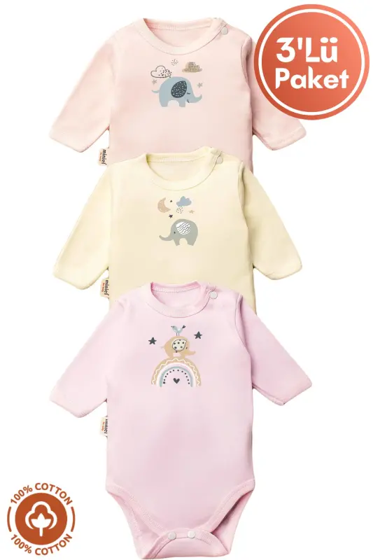 Unisex %100 Organik Paxta Fil Bosmali 0-12 Oy 3 Ta Uzun Yengli Chaqaloq Bodisi Zıbın To'plami-Pushti - MINIEL ORGANIC