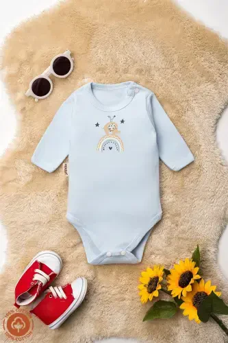 Unisex 100% organik paxtadan fil bosilgan 0-12 oylik 3 ta uzun yengli chaqaloq bodisi zıbın to'plami - Moviy - 4