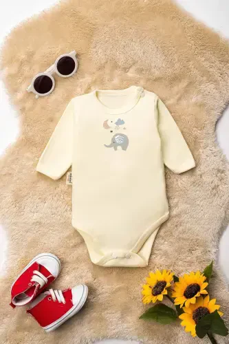 Unisex 100% organik paxtadan fil bosilgan 0-12 oylik 3 ta uzun yengli chaqaloq bodisi zıbın to'plami - Moviy - 6