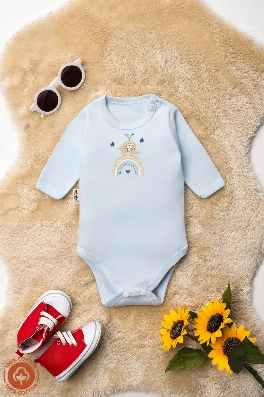 Unisex 100% organik paxtadan fil bosilgan 0-12 oylik 3 ta uzun yengli chaqaloq bodisi zıbın to'plami - Moviy - 4