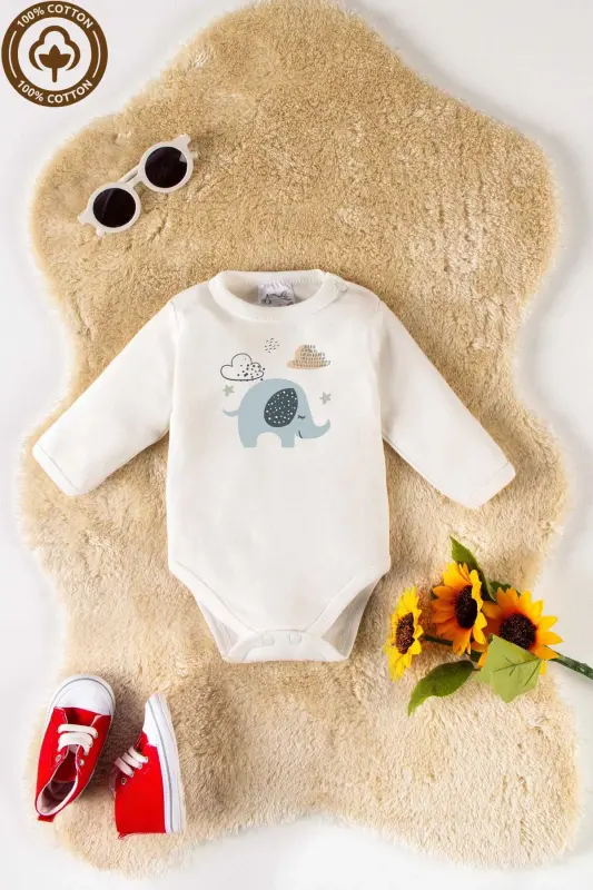 Unisex %100 Organik Paxtadan Fil Bosmali 3-6-9-12 Oy 3 Talikli Uzun Yengli Chaqaloq Bodisi Zibin-EKRU - 5