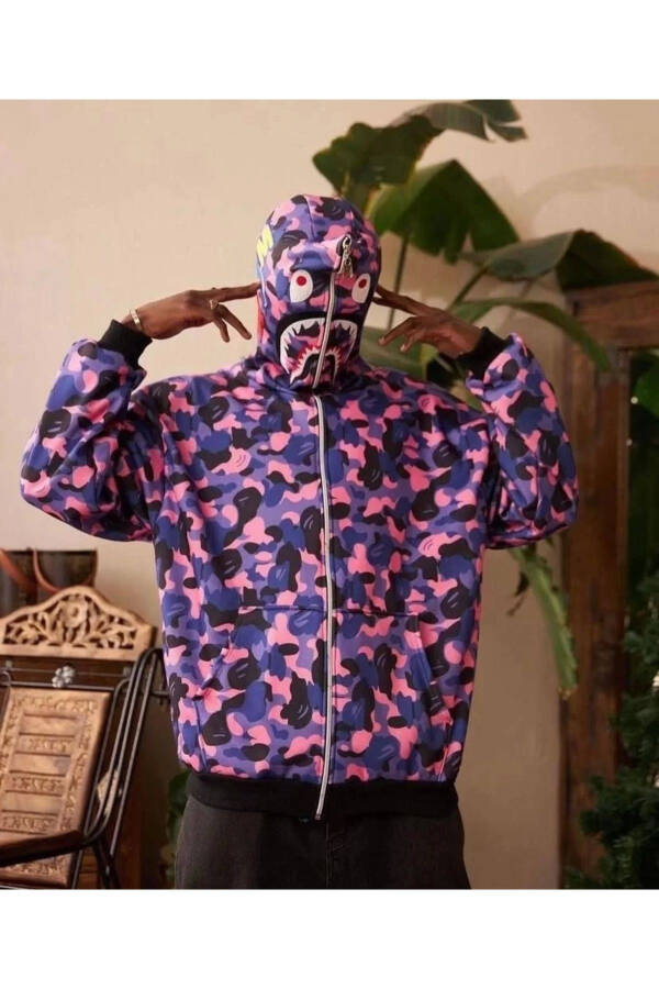 Unisex 2 İplik Bape Kapüşonlu Fermuarlı Hırka - Mor - 2