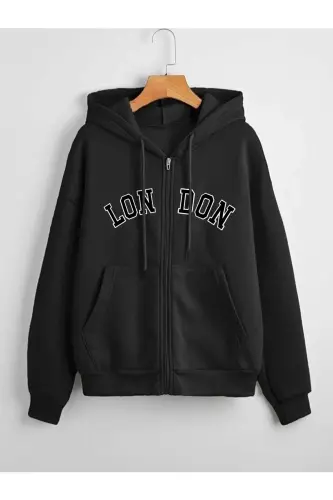 Unisex 2-thread Knitted Fabric London Printed Zippered Hooded Sweatshirt Cardigan-Black 