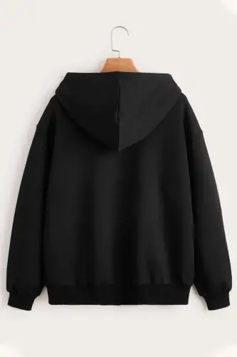 Unisex 2-thread Knitted Fabric London Printed Zippered Hooded Sweatshirt Cardigan-Black - GENEL MARKALAR (1)