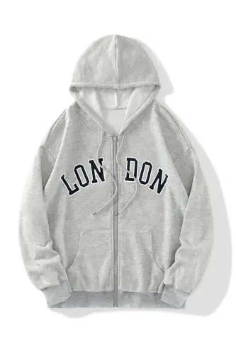 Unisex 2-thread Knitted Fabric London Printed Zippered Hooded Sweatshirt Cardigan-gray - 1