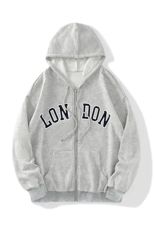 Unisex 2-thread Knitted Fabric London Printed Zippered Hooded Sweatshirt Cardigan-gray - GENEL MARKALAR