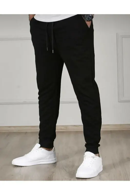 Unisex 2-Thread Knitted Fabric Ribbed Hem Summer Tracksuit Bottoms-Black - MEMOWEAR