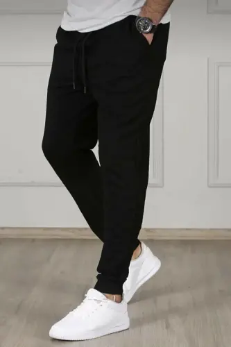 Unisex 2-Thread Knitted Fabric Ribbed Hem Summer Tracksuit Bottoms-Black - MEMOWEAR (1)