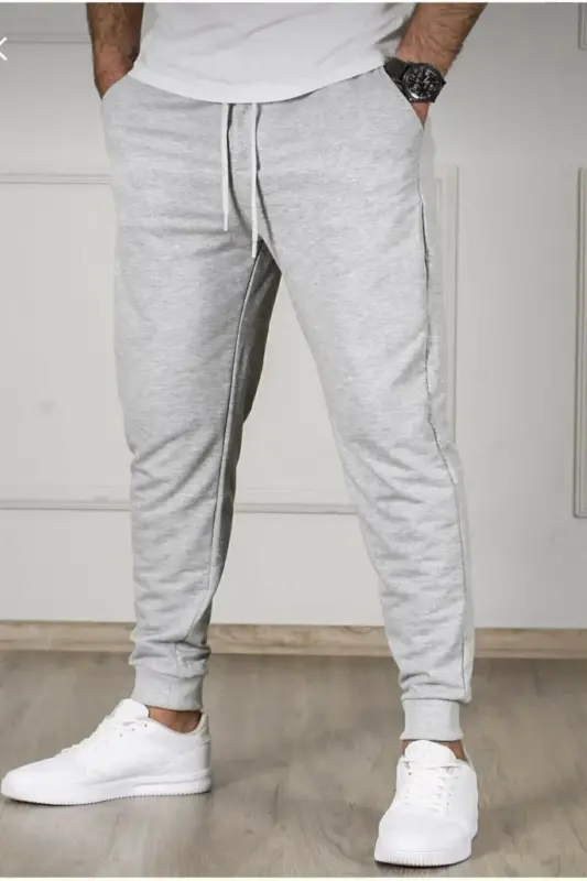 Unisex 2ip Örme Kumaş Paça Ribana Yazlık Eşofman Alt - gri-yzlk - MEMOWEAR