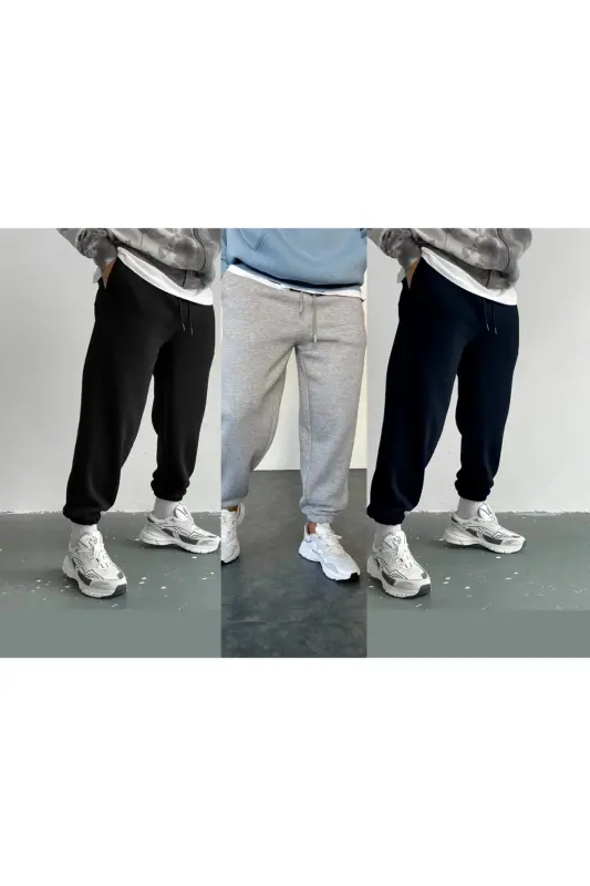 Unisex 3 lü Set Örme Kumaş Rahat Kalıp Eşofman Alt Siyah Gri Lacivert-siyah gri lacivert - MEMOWEAR