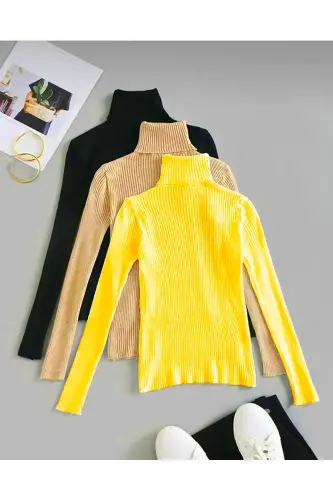 Unisex 3lü Pamuklu Balıkçı Yaka Kaşkorse Şardonlu Slimfit Boğazlı Kazak-siyahbejsarı - 1