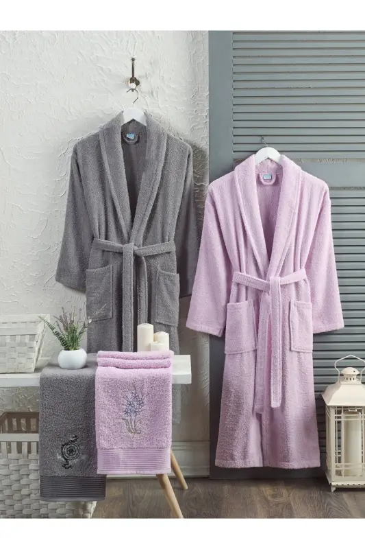 Unisex 4-Piece Bathrobe Set Embroidered Head Towel Dowry Set Hamam Set Bath Set 100% Cotton-Anthracite - STERNEN GLANZ