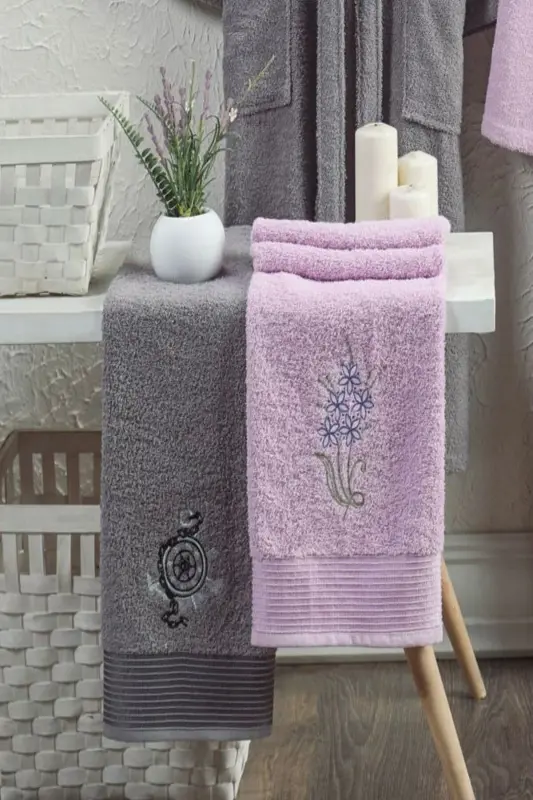 Unisex 4-Piece Bathrobe Set Embroidered Head Towel Dowry Set Hamam Set Bath Set 100% Cotton-Anthracite - 2