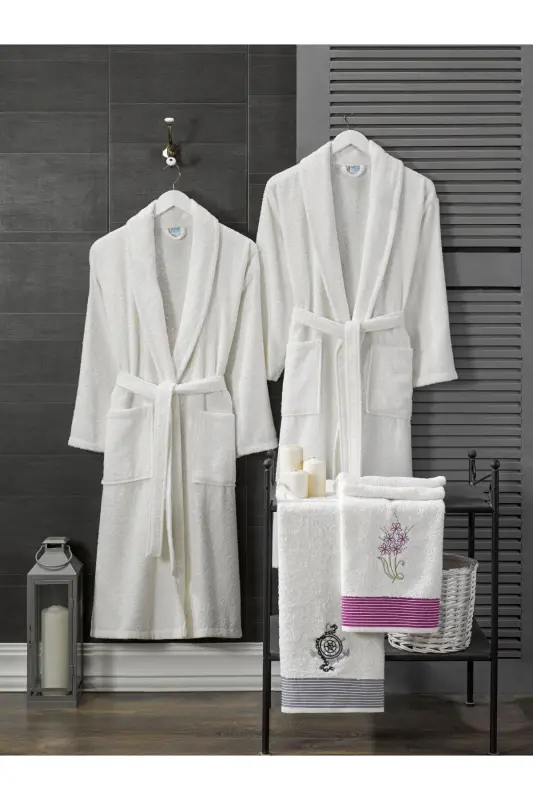 Unisex 4-Piece Embroidered Bathrobe Set Bridal Set with Head Towel Hamam Set Bath Set 100% Cotton-cream - 1