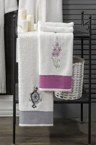 Unisex 4-Piece Embroidered Bathrobe Set Bridal Set with Head Towel Hamam Set Bath Set 100% Cotton-cream - 2