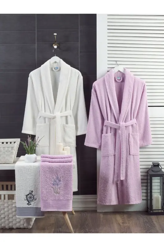 Unisex 4-Piece Embroidered Bathrobe Set Bridal Set with Head Towel Hamam Set Bath Set 100% Cotton-cream - STERNEN GLANZ