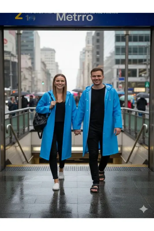 Unisex Açık Mavi Eva Kumaş Su Rüzgar Geçirmez Yağmurluk Taraftar Yağmurluğu-Mavi - 5