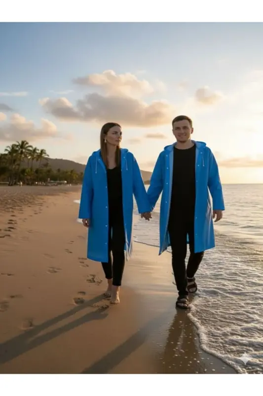 Unisex Açık Mavi Eva Kumaş Su Rüzgar Geçirmez Yağmurluk Taraftar Yağmurluğu-Mavi - 6