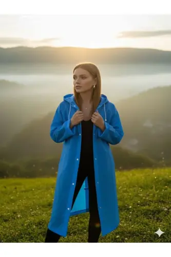 Unisex Açık Mavi Eva Kumaş Su Rüzgar Geçirmez Yağmurluk Taraftar Yağmurluğu-Mavi - 7