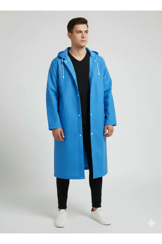 Unisex Açık Mavi Eva Kumaş Su Rüzgar Geçirmez Yağmurluk Taraftar Yağmurluğu-Mavi - 1